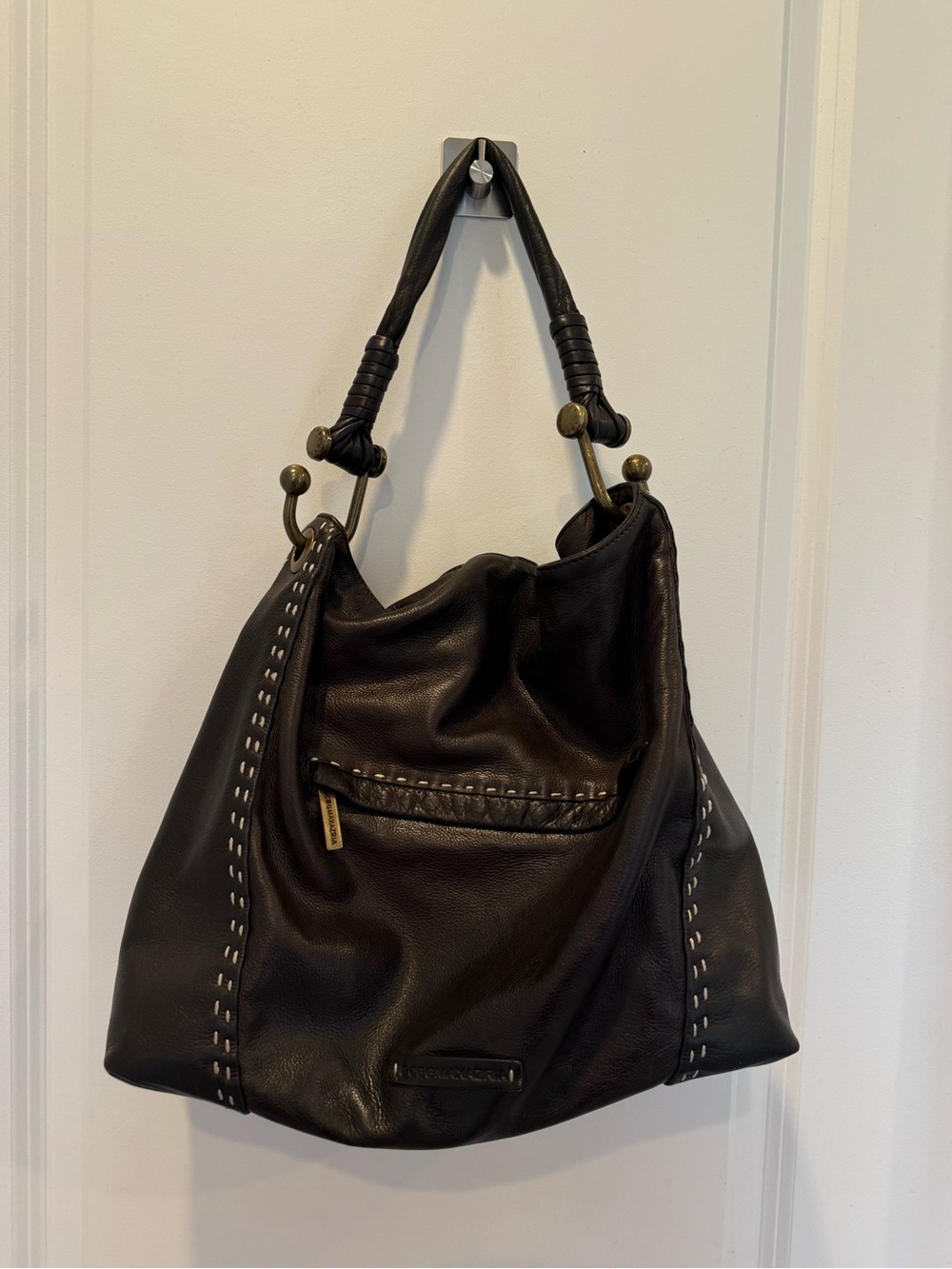 BCBGMaxAzria Black Leather Hobo with Contrast Stitching
